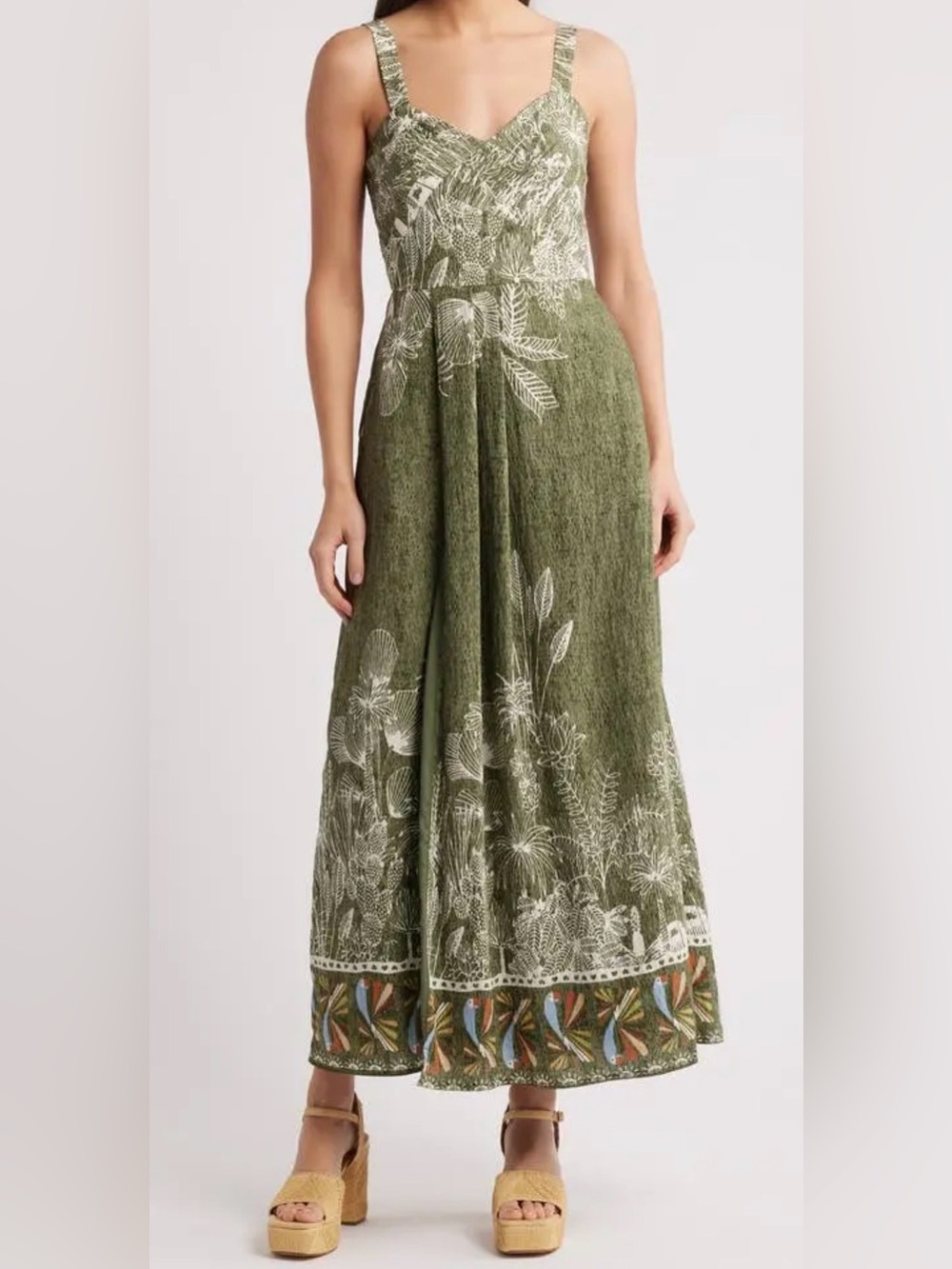CIEBON Olive Green Sweetheart Neck Colorful Print Maxi Dress